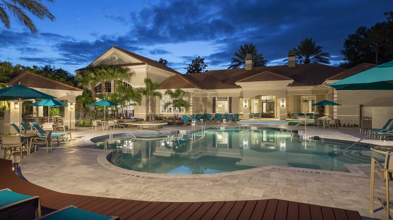 Swimming pool at dusk