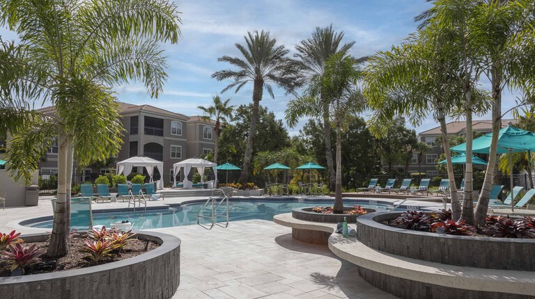 Resort-inspired pool with luxurious sundeck